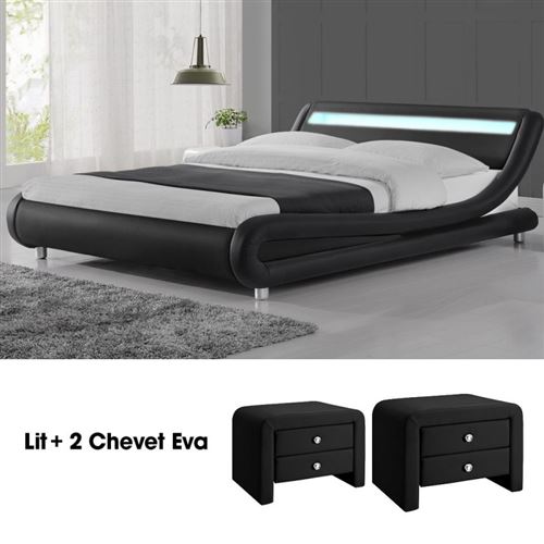 Lit design Julio 160 avec 2 tables chevet EVA Noir