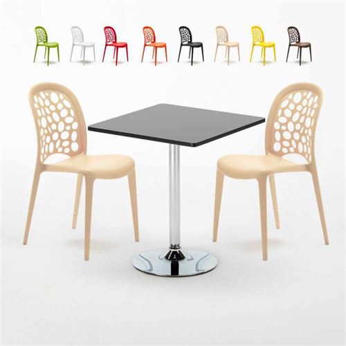 Table Carrée Noire 70x70cm Avec 2 Chaises Colorées Set Intérieur Bar Café WEDDING Mojito, Couleur: Beige