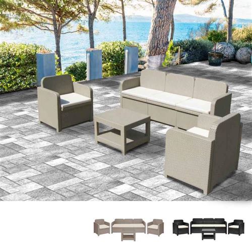 Salon de jardin Grand Soleil POSITANO en Poly-rotin Canapé table basse fauteuils 5 places pour extérieurs, Couleur: Beige Juta