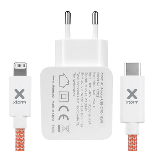 Chargeur Mural USB-C Power Delivery 18W et Câble Lightning Xtorm Blanc