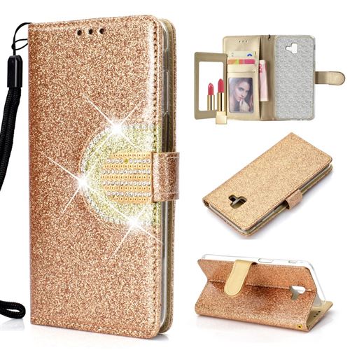 Etui en PU décor strass scintillant avec miroir or pour votre Samsung Galaxy J6 Plus/J6 Prime J6100