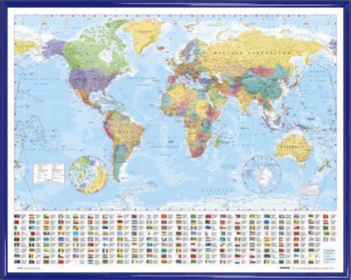 Mini Poster Encadré: Cartes - Planisphère Politique, Drapeaux Ed. 2005, En Anglais (40x50 cm), Cadre Plastique, Bleu
