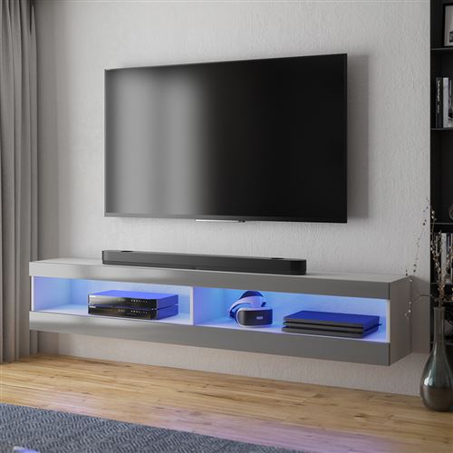 Meuble tv / Meuble de salon - VIANSOLA - 140 cm - blanc mat / gris brillant - éclairage LED - style moderne