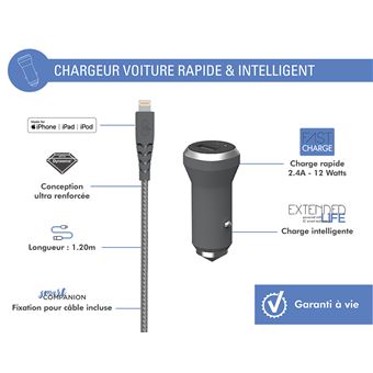 Chargeur allume cigare Force Power BigBen Connected Gris + Câble Lightning MFI renforcé 1.2m