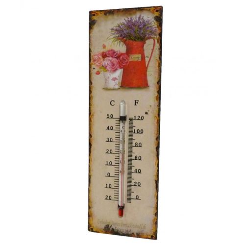 L'Héritier Du Temps - Thermomètre mural ou à poser décoratif en celsius et farenheit motif 'floral ancien' en fer et papier vernis 0,5x8x25cm