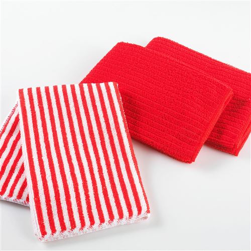 3 torchons 40 x 40 cm microfibre cuistot 2 unis/1 raye Rouge