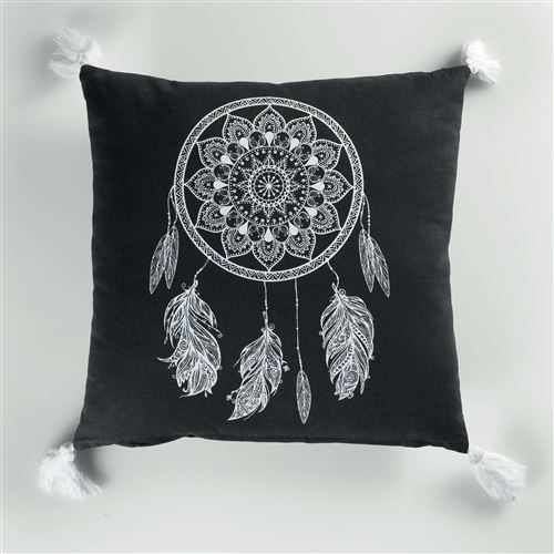 Coussin dehous. compr. pompons 40 x 40 cm coton imprime ista des. place Noir