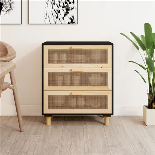 Non Communiqué Noir Vidaxl Buffet 60X30x70 Cm Bois De Pin Massif Et Rotin Naturel345634