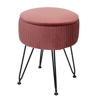 Pouf MENDLER HWC-K47 Ø 33cm aspect velours rose piètement noir - 1
