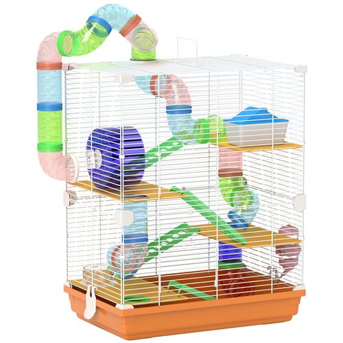 Cage pour hamster souris rongeur 4 étages avec tunnels mangeoire roue maison échelles dim. 46L x 30l x 58H cm orange