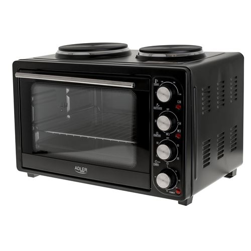 Four 36 L + Double Plaque de Cuisson Électrique, Rôtissoire à Poulet, Minuterie, Adler, AD 6020, 2500W, Noir