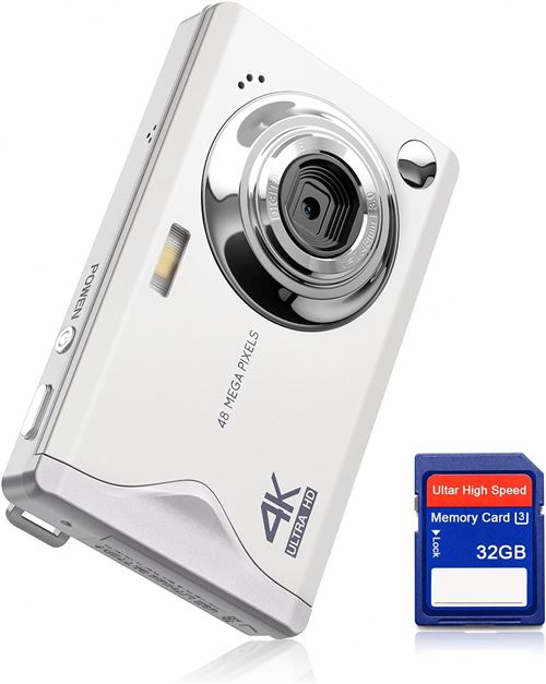 Appareil Photo Num&eacute;rique 4K 48MP FHD - Zoom 16x - Ecran 3,0"" - Compact - Carte 32GB Offerte - Blanc