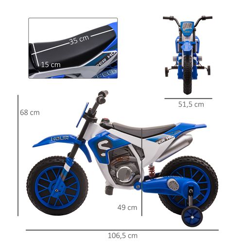 Moto cross électrique enfant 3 à 5 ans 12 V 3-8 Km/h avec roulettes  latérales amovibles dim. 106,5L x 51,5l x 68H cm bleu - Véhicule électrique  pour enfant - Achat & prix