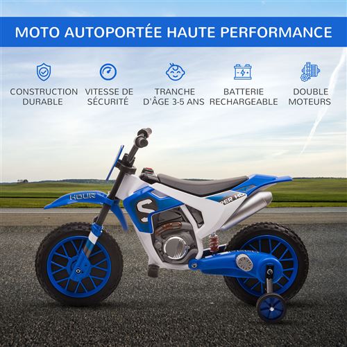 Moto cross électrique enfant 3 à 5 ans 12 V 3-8 Km/h avec roulettes  latérales amovibles dim. 106,5L x 51,5l x 68H cm bleu - Véhicule électrique  pour enfant - Achat & prix