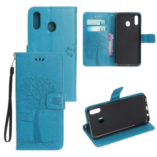 Etui en PU hibou des arbres bleu pour votre Samsung Galaxy M40