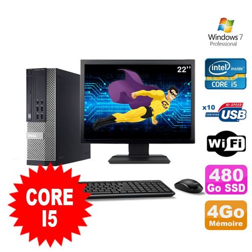 Pc dell optiplex 990 sff i5-2400 3.1ghz 4go 480go ssd dvd wifi w7 ecran 22'