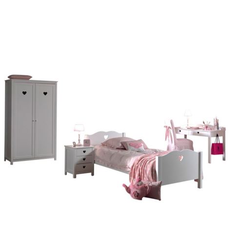 Lit 90x200 - Chevet 3 tiroirs - Armoire 2 portes et Bureau Amori - Blanc