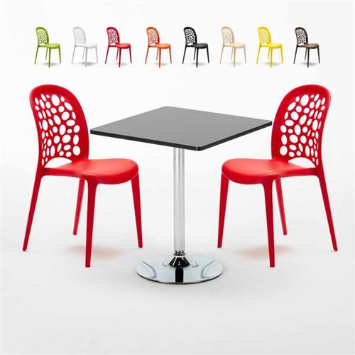 Table Carrée Noire 70x70cm Avec 2 Chaises Colorées Set Intérieur Bar Café WEDDING Mojito, Couleur: Rouge