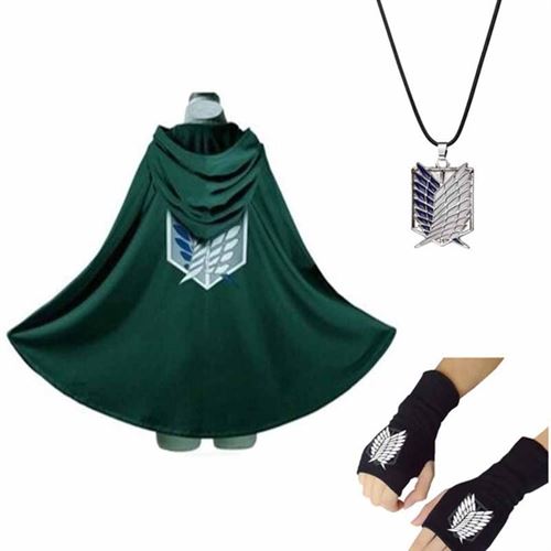Set de 3 pièces Cape Gants Pendentif Attack on Titan Liberty Wing Captain Cosplay Vert L(170-180cm)