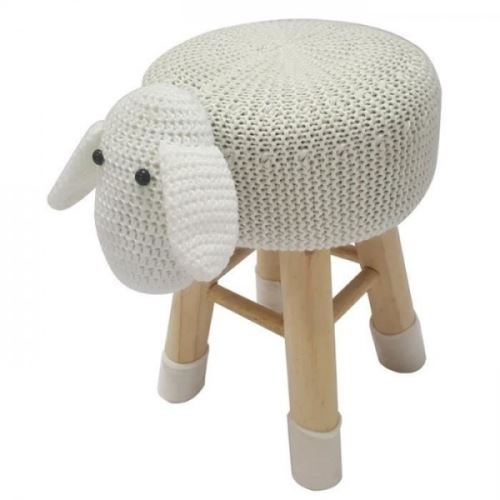 MOUTON Pouf enfant tissu crochet blanc Pieds en bois pin massif Style contemporain L 27 x P 35 cm