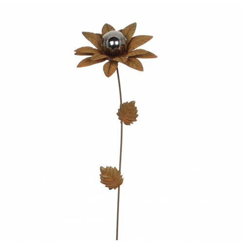 Fleur sur Tige Tuteur à Piquer Décoration Florale Branche avec Feuilles Déco de Jardin en Métal Oxydé et Boule Chromé 20x20x91cm