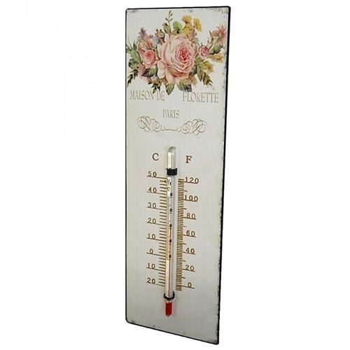 L'Héritier Du Temps - Thermomètre mural décoratif en celsius et farenheit ou à poser motif 'floral à l'ancienne' en fer et papier vernis 0,5x8x25cm