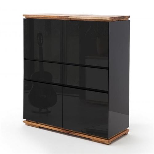 Buffet haut CHARLY 4 portes 2 tiroirs laqué noir brillant socle et plateau chêne noueux huilé