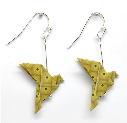 Boucles d'oreille papier origami colombe moutard - the cocotte