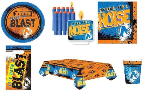 Mgs33 Kit Plus Anniversaire 8 Enfants Nerf ( kit Officiel du Jeu de tir Nerf de Hasbro) Complet 52 Pieces (8 Assiettes, 8 gobelets, 16 Serviettes, 1 Nappe + 11 Bougies + 8 Sac Bonbons ) fête Nerf