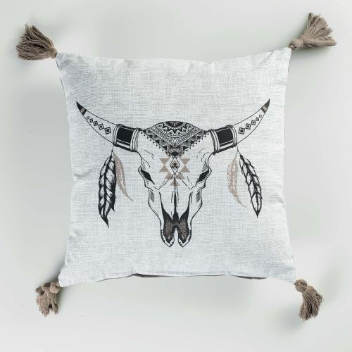 Coussin dehous. compr. pompons 40 x 40 cm coton imp. mohicana des. place Naturel