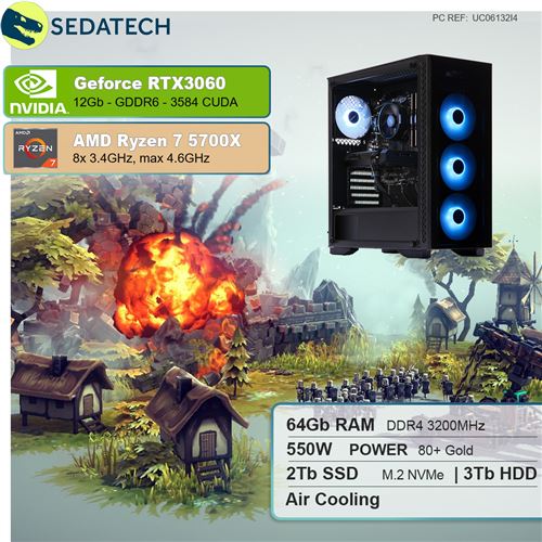 265€ sur Sedatech PC Gamer Expert • AMD Ryzen 7 5700X 8x 3.4Ghz • Geforce  RTX3060 • 16Go RAM • 1To SSD M.2 • Windows 11 • Unité centrale - Unités  Centrales - Achat & prix