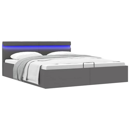 Cadre de lit &agrave; rangement avec led gris similicuir 160x200 cm cadre 2 personnes 