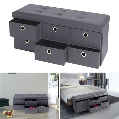 Banc coffre rangement gris 6 tiroirs 100X38X38 cm PVC