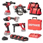 Ensemble de 5 machines ROTAKE 18V - Perceuse visseuse à percussion D2H-50D + Meuleuse G1-125 + PERFORATEUR 8902 + Scie circulaire 8303 + Visseuse à chocs S1 - ROTAKE - avec 4 batteries 18V 5Ah + chargeur double + 2 sacs de transport - LOT01