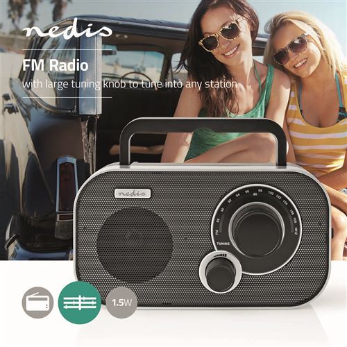 NEDIS Poste Radio FM Portable 2,4 W Poignée de Transport Noir/Gris