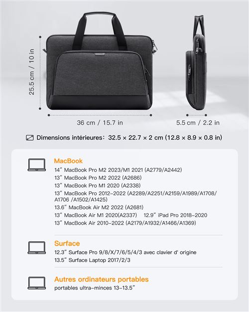 Sacoche Ordinateur 13,3 Pouces Bandoulière Compatible avec MacBook Pro M3  14 Pouces 2023, MacBook Air Pro 2022-2012, MateBook D14,14 Surface Laptop