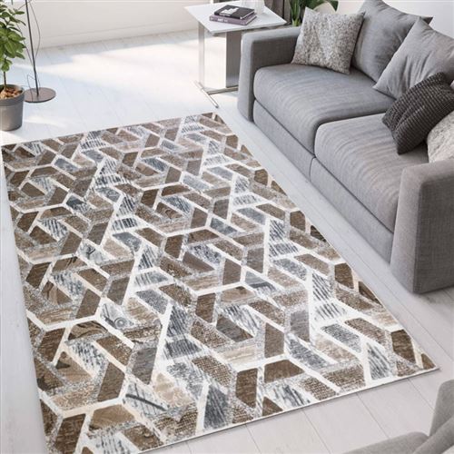 Tapis de salon design géométrique moderne à poils courts Double marron MAR003, Taille: 60 x 110