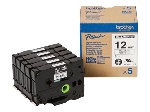 Brother HGE-231V5 - Noir sur blanc - Rouleau (1,2 cm x 8 m) 5 cassette(s) ruban laminé - pour P-Touch PT-9500pc, PT-9700PC, PT-9800PCN; P-Touch R RL-700S