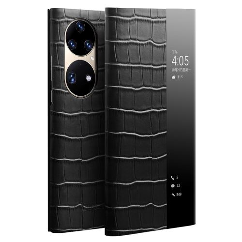 Etui en cuir véritable QIALINO fonction réveil/veille automatique, texture crocodile noir pour votre Huawei P50