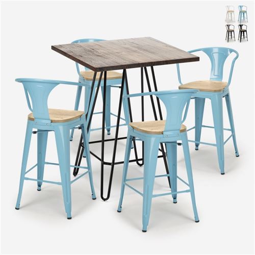 Ensemble table Haute 60x60cm 4 Tabourets Tolix Bar Cuisine Mason Noix Top Light, Couleur: Turquoise