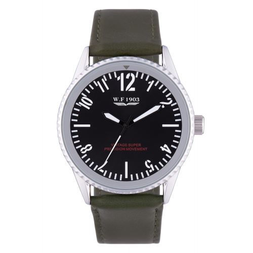 Montre Homme W.F 1903 à Quartz Cadran Noir 42 mm Et Bracelet Argenté En PU WFS18051