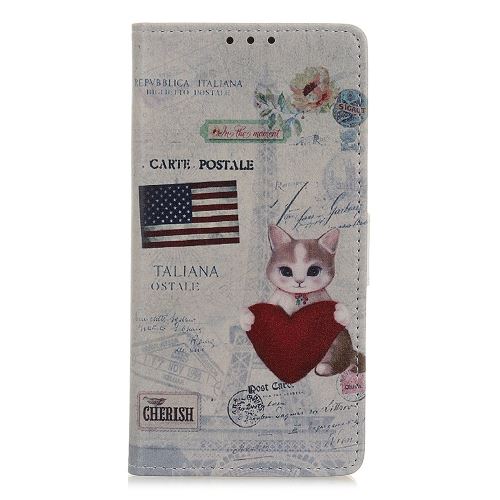 Etui en PU impression de modèle chat tenant coeur et drapeau américain pour votre Huawei Nova 5 Pro/Nova 5