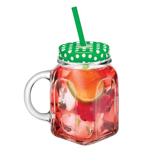 Mug 45 cl avec couvercle vert en métal et paille - Pasabahce - Transparent - Verre