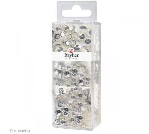 Assortiment de perles en verre et paillettes Argent + fil x 80 gr