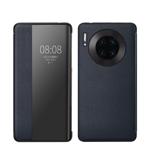 Etui en cuir véritable litchi view window auto wake bleu pour votre Huawei Mate 30