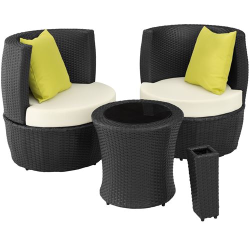 TECTAKE Salon de Jardin NICE Encastrable 2 Personnes en Résine Tressée Cadre en Aluminium 2 Fauteuils 1 Table 1 Pot de fleurs Noir