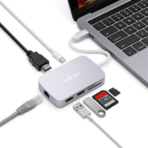 MINIX Neo C-X, USB-C Multiport Adapter avec HDMI – Gris [10/100Mbps Ethernet] (Compatible avec Apple MacBook et MacBook Pro)