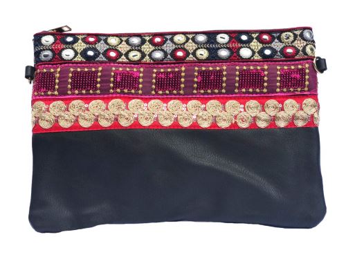 Pochette à Maquillage, Pochette multiusage, Pochette pour Tablette iPad avec bandoulière et décoration fait Main ( Noir et rouge )
