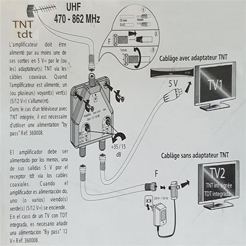 Préamplificateur Antenne TV TNT HD - Gain Réglable 15-38 DB, Fréquence 470-790 MHz - Améliore La Réception, Filtre LTE