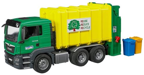 Bruder - 03764 - camion poubelle man tgs jaune et vert avec 2 poubelles